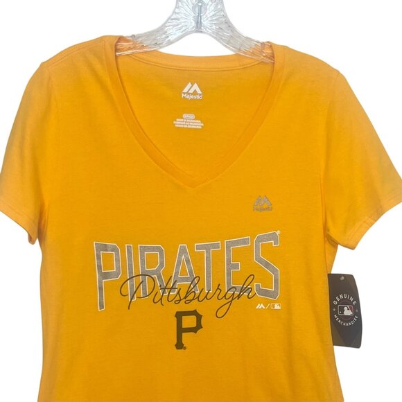 Majestic Pittsburgh Pirates Tshirt Womens Small Yellow V-Neck MLB New - Picture 3 of 11